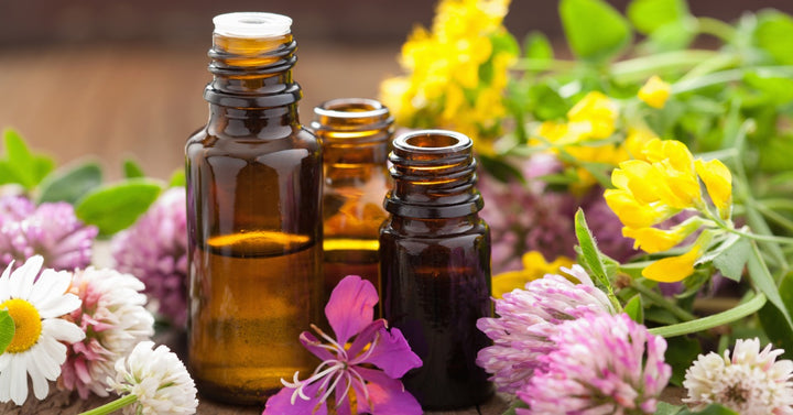 Three brown glass vials filled with essential oils surrounded by a wide variety of fresh, medicinal flowers and herbs.